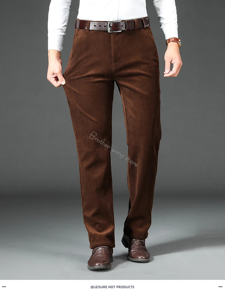 Men's Fleece Corduroy Pants Business Casual Warm Stretch Trousers