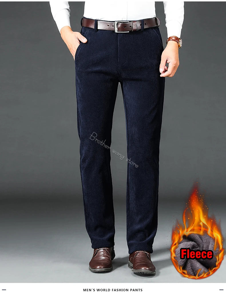 Men's Fleece Corduroy Pants Business Casual Warm Stretch Trousers