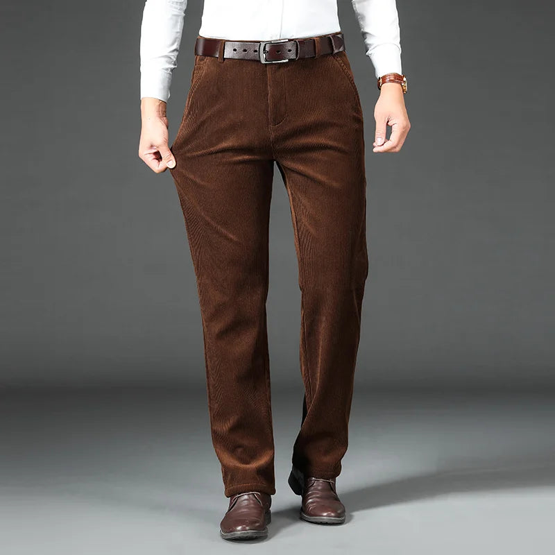 Men's Fleece Corduroy Pants Business Casual Warm Stretch Trousers