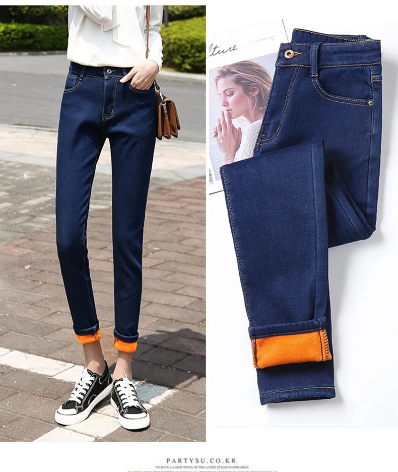 Size 26-40 Winter Women Colorful Fleece Velvet High Waist Jeans Denim Trousers Stretch Warm Pencil Pants Thick Skinny Jeans