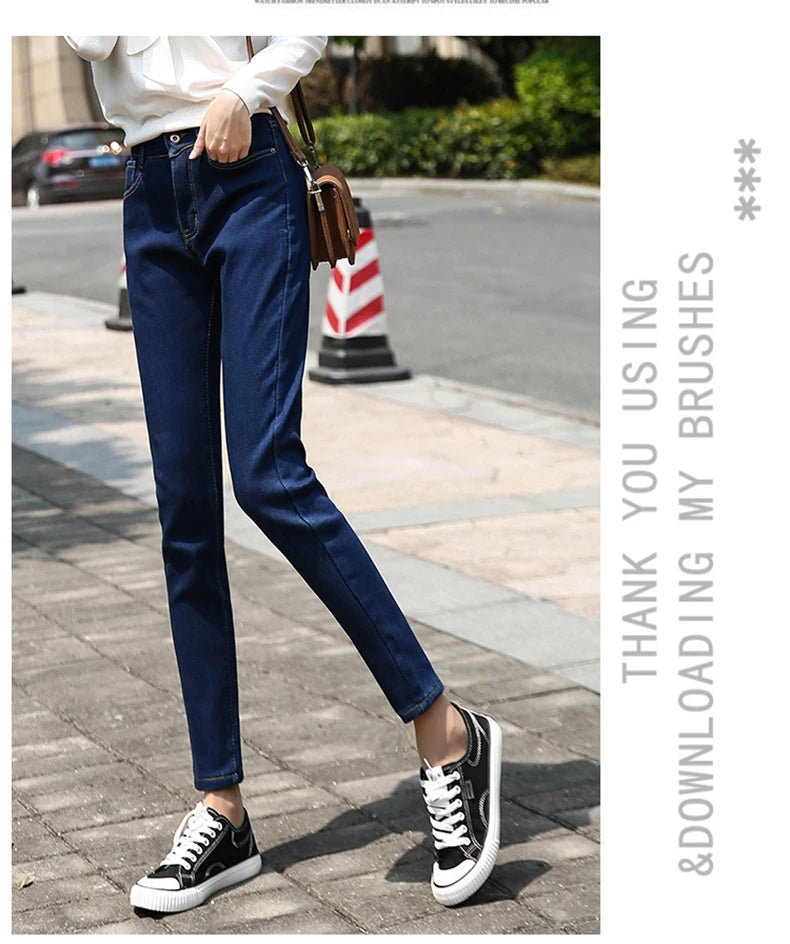 Size 26-40 Winter Women Colorful Fleece Velvet High Waist Jeans Denim Trousers Stretch Warm Pencil Pants Thick Skinny Jeans