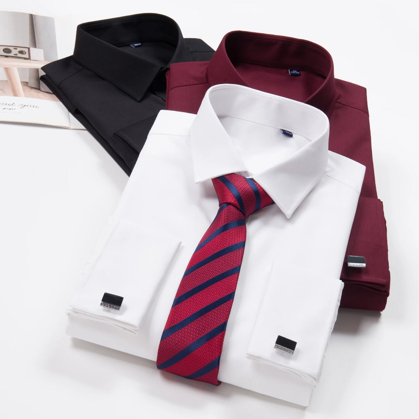 Large Size Men's Bamboo Fiber Cufflink Shirt High Quality Business Fashion Pure White Party Long-sleeved Shirt Male Brand