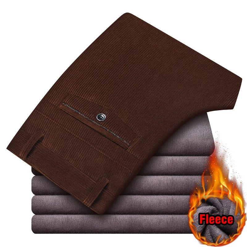 Men's Fleece Corduroy Pants Business Casual Warm Stretch Trousers