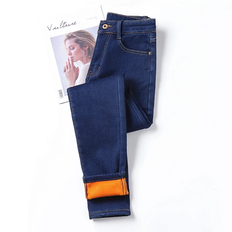 Size 26-40 Winter Women Colorful Fleece Velvet High Waist Jeans Denim Trousers Stretch Warm Pencil Pants Thick Skinny Jeans