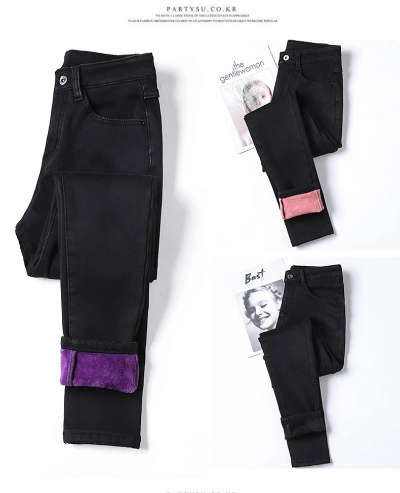 Size 26-40 Winter Women Colorful Fleece Velvet High Waist Jeans Denim Trousers Stretch Warm Pencil Pants Thick Skinny Jeans