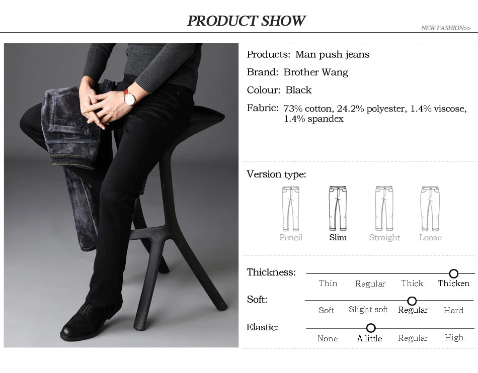 2025 Winter New Men Warm Slim Jeans Elasticity