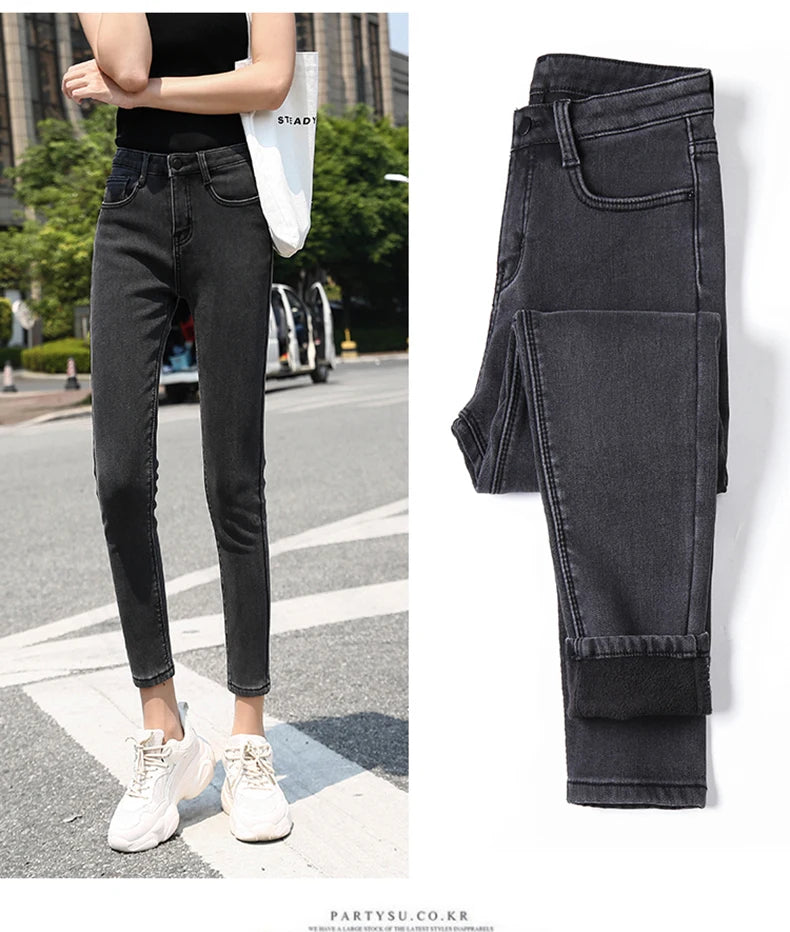 Size 26-40 Winter Women Colorful Fleece Velvet High Waist Jeans Denim Trousers Stretch Warm Pencil Pants Thick Skinny Jeans