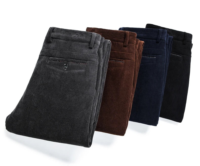 Men's Fleece Corduroy Pants Business Casual Warm Stretch Trousers