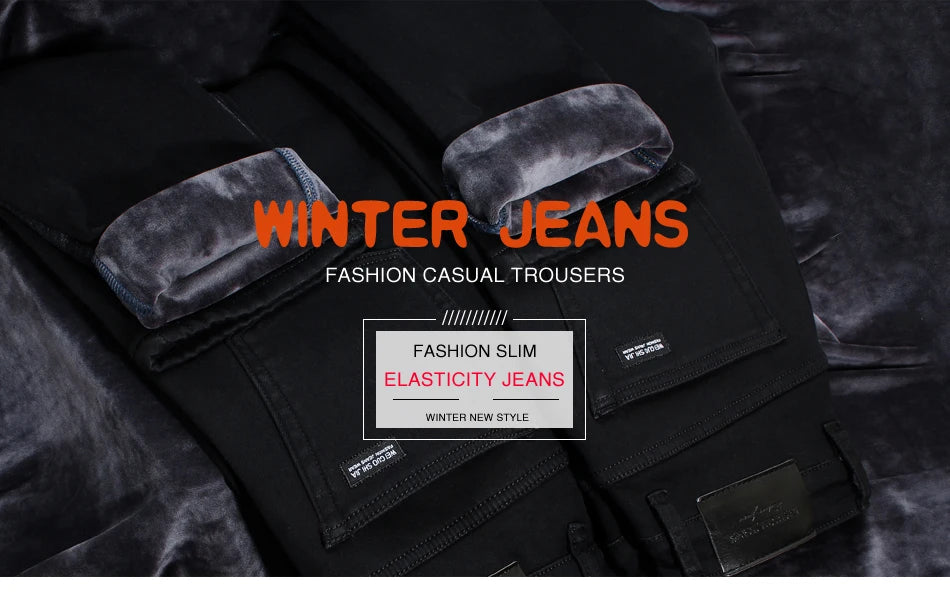 2025 Winter New Men Warm Slim Jeans Elasticity