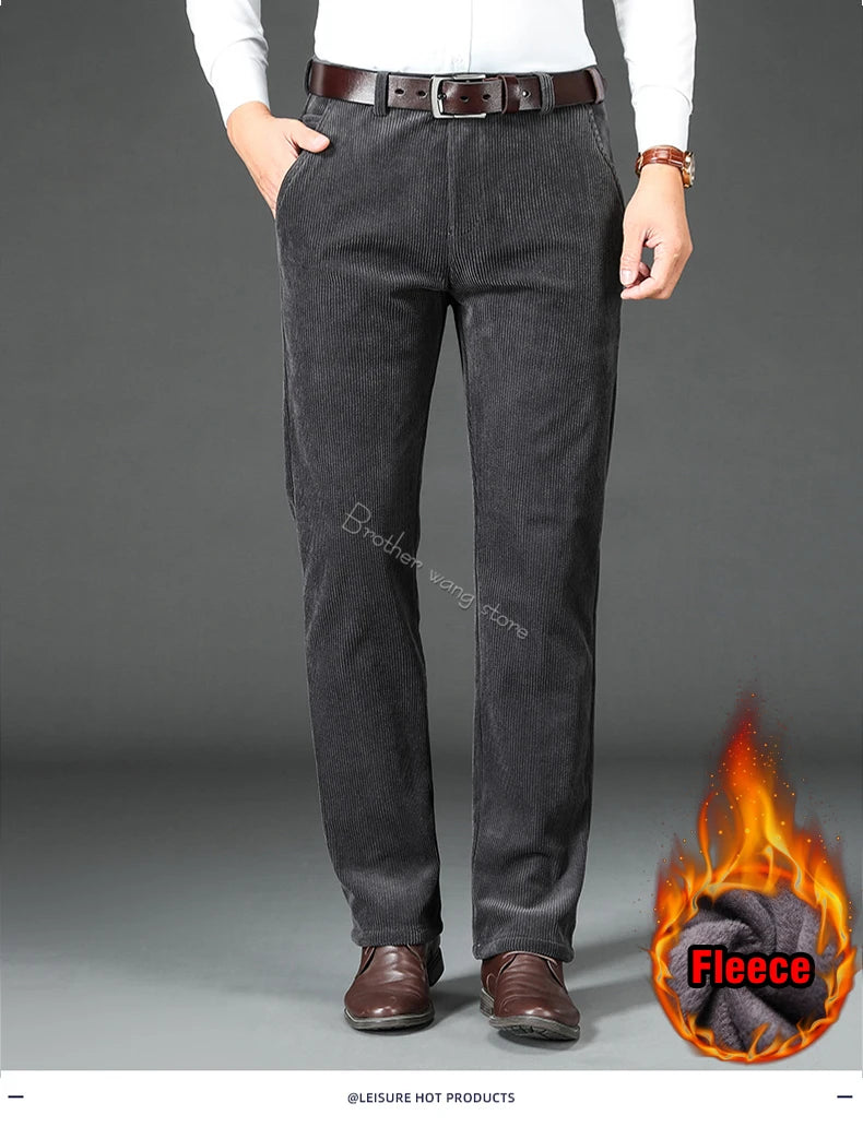 Men's Fleece Corduroy Pants Business Casual Warm Stretch Trousers