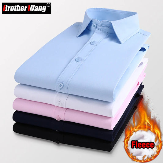 Winter Men's Business Warm Shirt Classic Style White Fashion Casual Solid Color Fleece Long-sleeved Shirt Male Brand Clothing