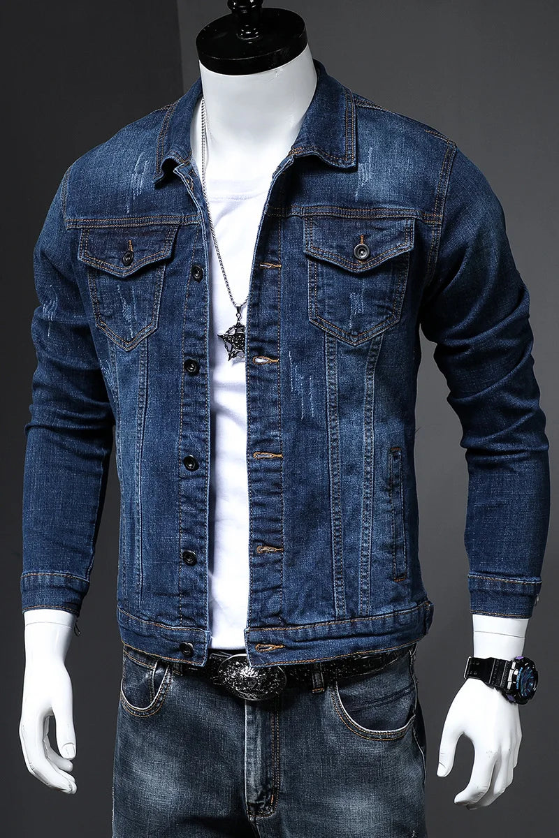 Men's Fashion Skinny Denim Jacket Classic Design Scratch Washed Blue Slim fit Short Casual Spring Autumn Coat Male Brand Clothes