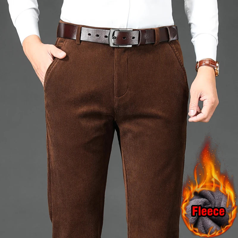 Men's Fleece Corduroy Pants Business Casual Warm Stretch Trousers