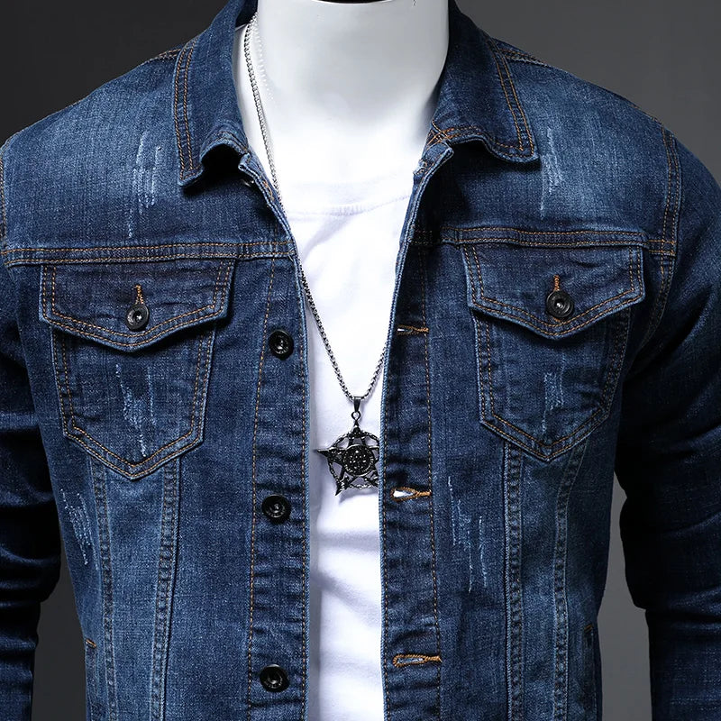 Men's Fashion Skinny Denim Jacket Classic Design Scratch Washed Blue Slim fit Short Casual Spring Autumn Coat Male Brand Clothes