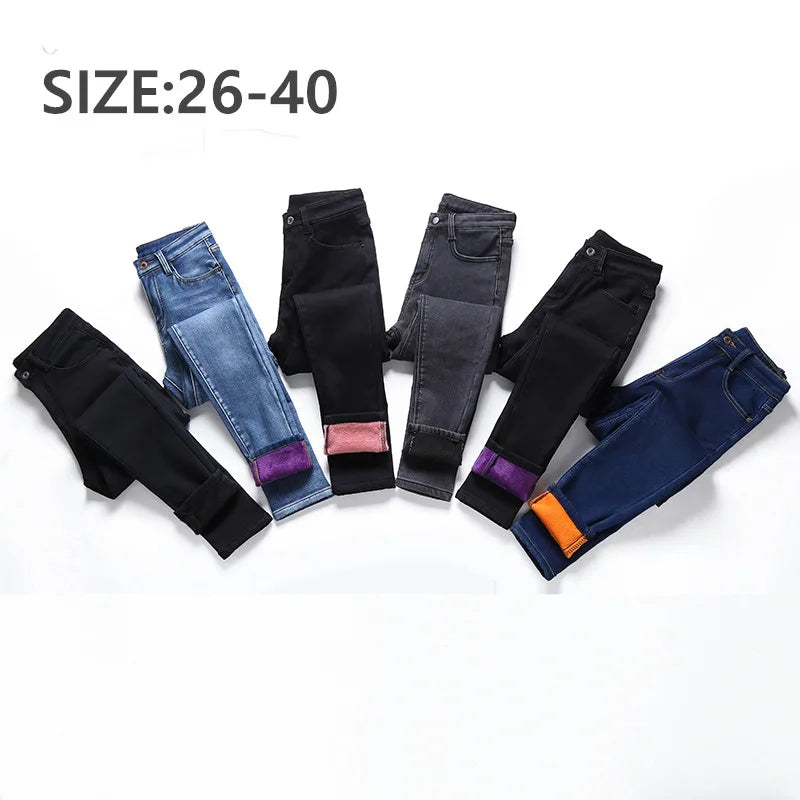 Size 26-40 Winter Women Colorful Fleece Velvet High Waist Jeans Denim Trousers Stretch Warm Pencil Pants Thick Skinny Jeans