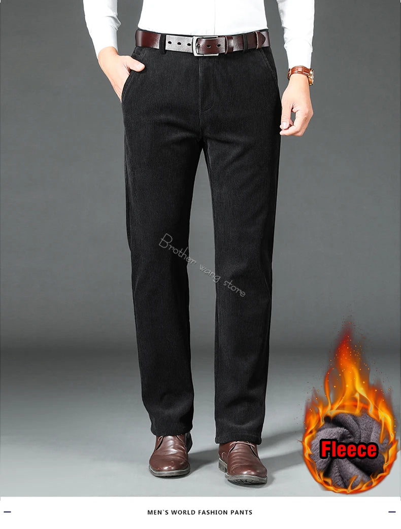 Men's Fleece Corduroy Pants Business Casual Warm Stretch Trousers