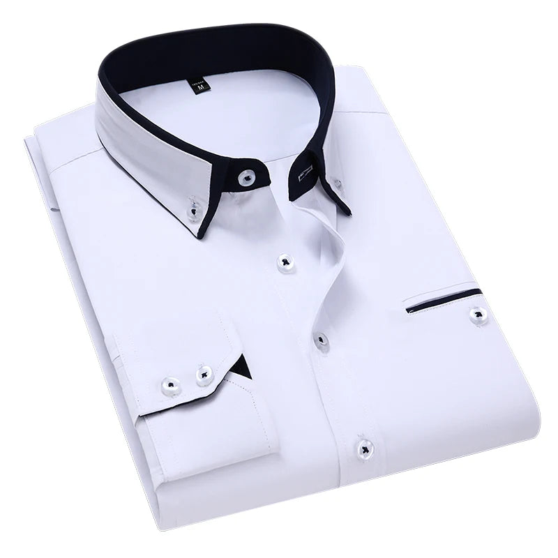 2023 New Autumn Men's Business Long Sleeve Shirt Solid Color Fashion Casual Slim White Shirt Male Brand Clothes