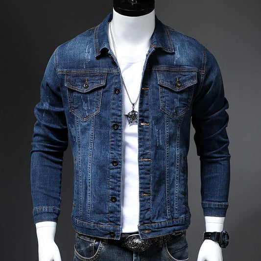 Men's Fashion Skinny Denim Jacket Classic Design Scratch Washed Blue Slim fit Short Casual Spring Autumn Coat Male Brand Clothes