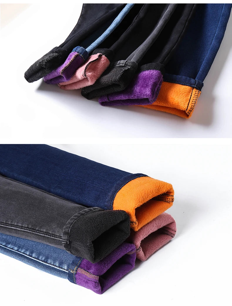 Size 26-40 Winter Women Colorful Fleece Velvet High Waist Jeans Denim Trousers Stretch Warm Pencil Pants Thick Skinny Jeans