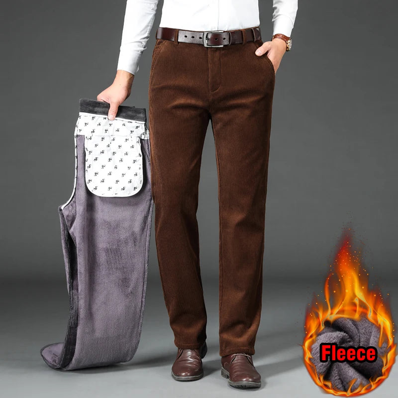 Men's Fleece Corduroy Pants Business Casual Warm Stretch Trousers