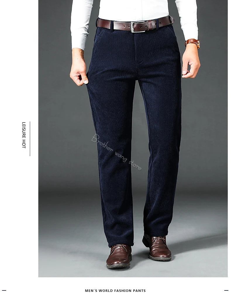 Men's Fleece Corduroy Pants Business Casual Warm Stretch Trousers