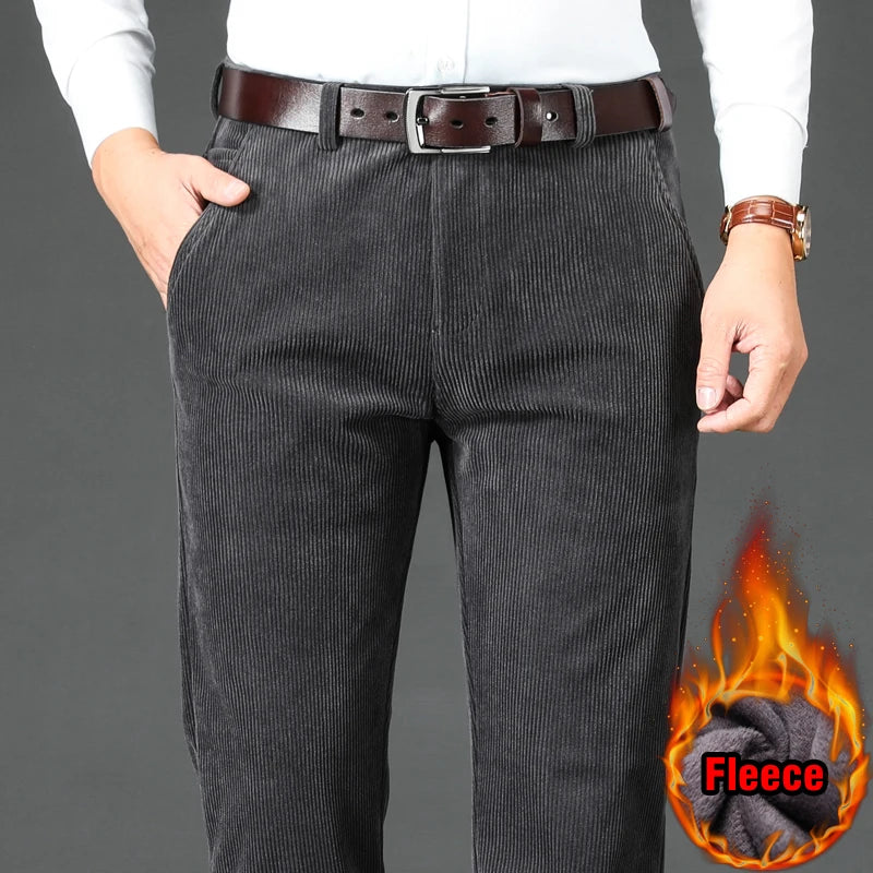 Men's Fleece Corduroy Pants Business Casual Warm Stretch Trousers