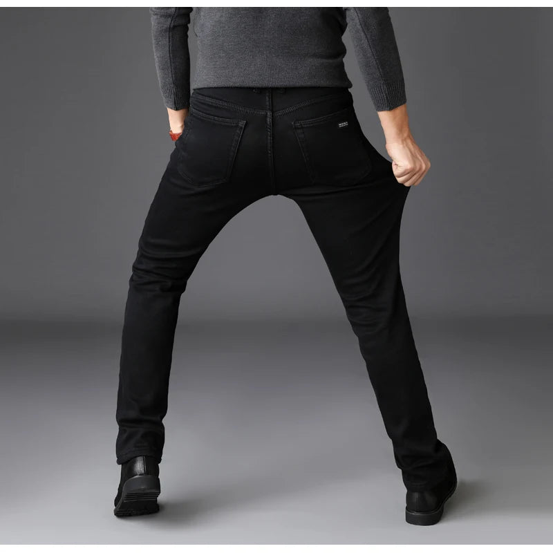 2025 Winter New Men Warm Slim Jeans Elasticity