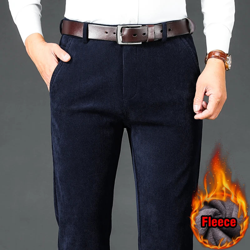 Men's Fleece Corduroy Pants Business Casual Warm Stretch Trousers