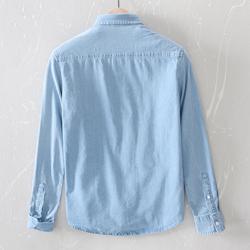 Brother Wang 100% Cotton Men's Denim Shirts Autumn Thin Fashion Light Blue Long Sleeve Comfortable Soft Daily Work Casual Shirt