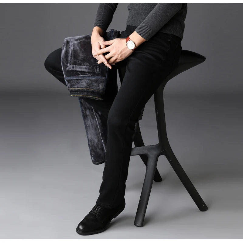 2025 Winter New Men Warm Slim Jeans Elasticity