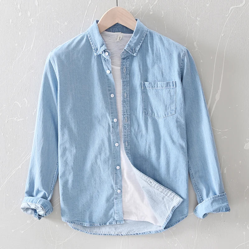 Brother Wang 100% Cotton Men's Denim Shirts Autumn Thin Fashion Light Blue Long Sleeve Comfortable Soft Daily Work Casual Shirt