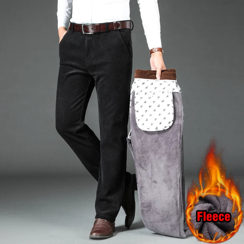 Men's Fleece Corduroy Pants Business Casual Warm Stretch Trousers