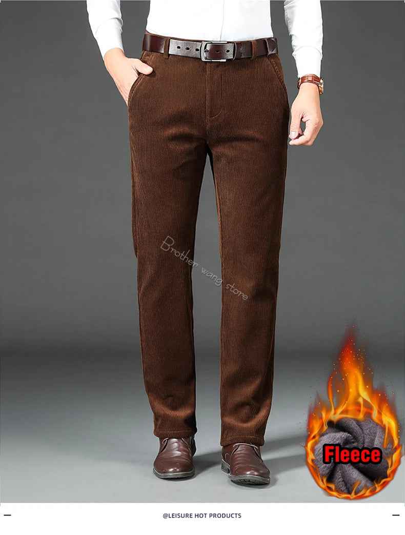 Men's Fleece Corduroy Pants Business Casual Warm Stretch Trousers