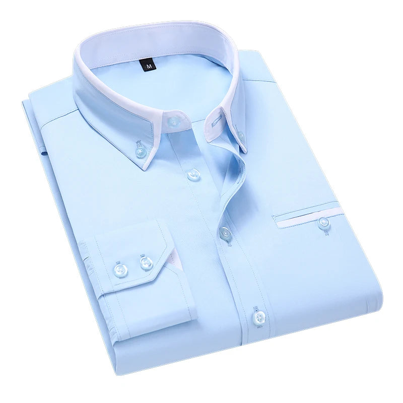 2023 New Autumn Men's Business Long Sleeve Shirt Solid Color Fashion Casual Slim White Shirt Male Brand Clothes