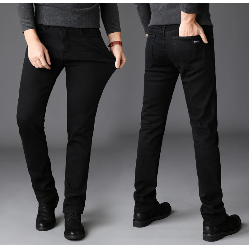 2025 Winter New Men Warm Slim Jeans Elasticity