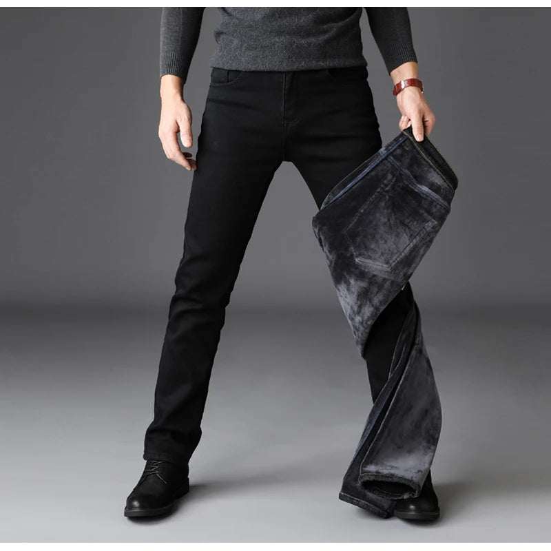 2025 Winter New Men Warm Slim Jeans Elasticity