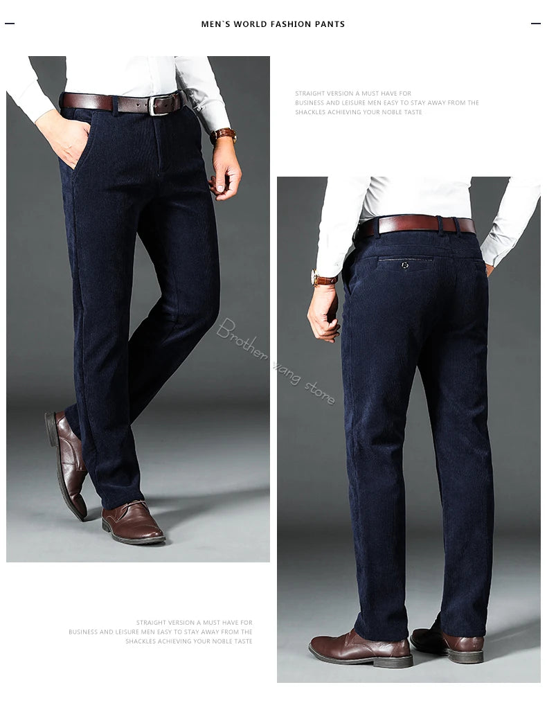 Men's Fleece Corduroy Pants Business Casual Warm Stretch Trousers