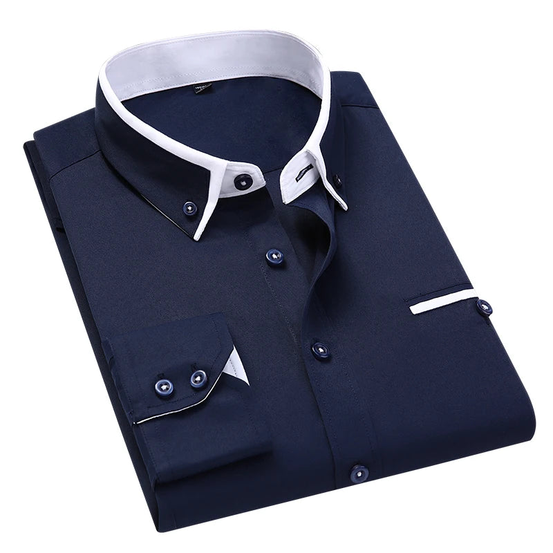 2023 New Autumn Men's Business Long Sleeve Shirt Solid Color Fashion Casual Slim White Shirt Male Brand Clothes