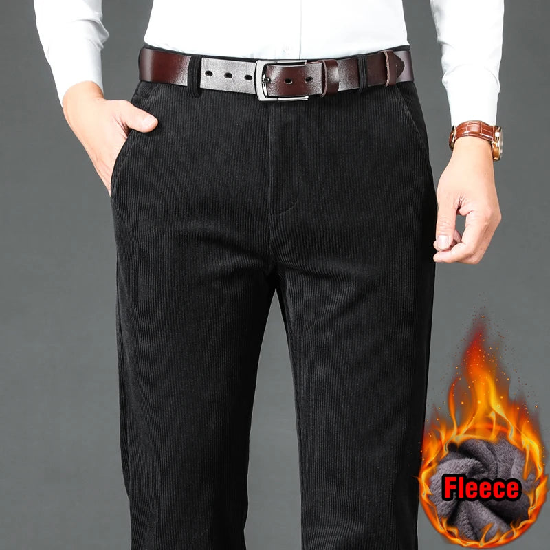 Men's Fleece Corduroy Pants Business Casual Warm Stretch Trousers