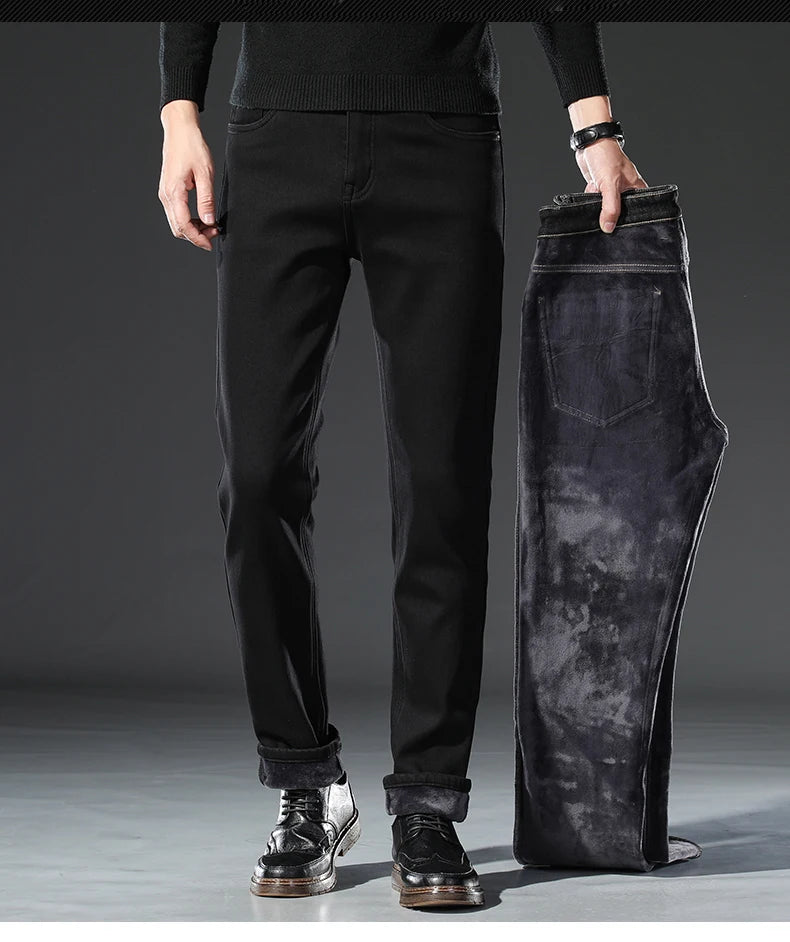 Men's Winter Warm Fleece Black Jeans 2022 New Business Fashion Stretch Regular Fit Denim Thick Pants Male Brand Trousers