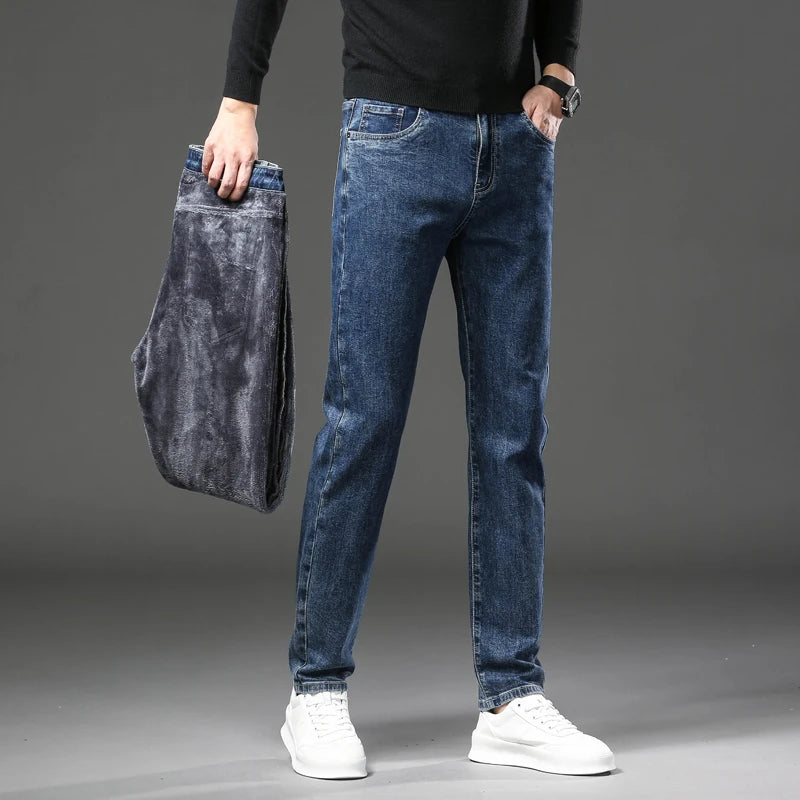 Men's Warm Fleece Jeans Winter New Thick Velvet Slim Fit Business Casual Pants Classic Black Blue Elastic Cotton Denim Pants