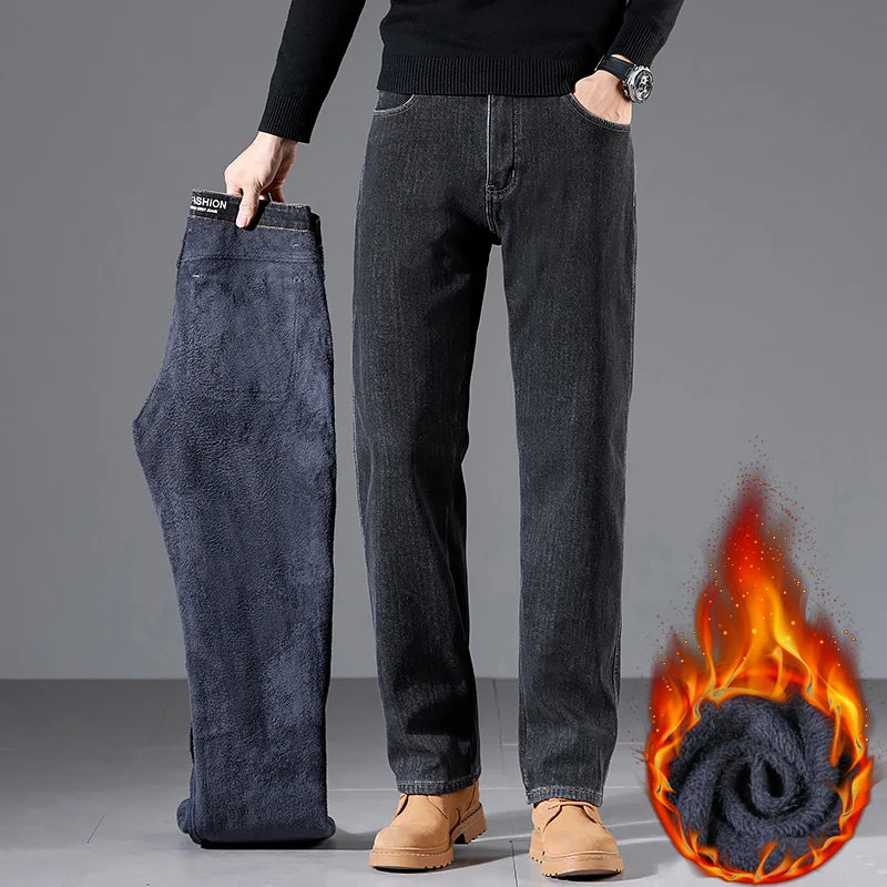 Winter Fleece Loose Jeans Men Classic Straight High Quality Thicken Warm Velvet Trousers Business Casual Brand Denim Pants