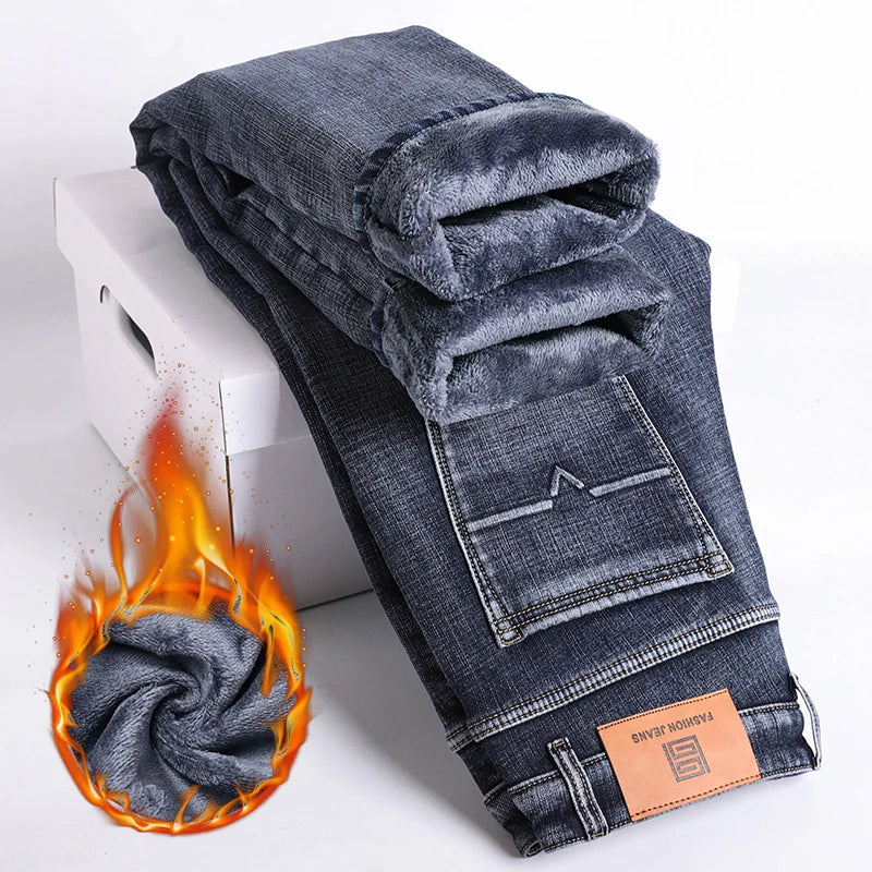 2025 Winter Men's Warm Jeans Thicken Fleece Slim