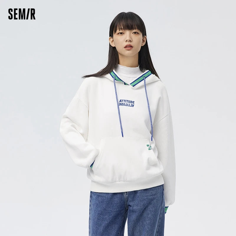 Semir 2024 Sweatshirt Women Contrasting Color Hooded Top Loose Spring Letter Embroidered Pullover For Girls Trendy And Cool Tops