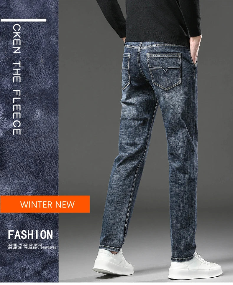 2025 Winter Men's Warm Jeans Thicken Fleece Slim