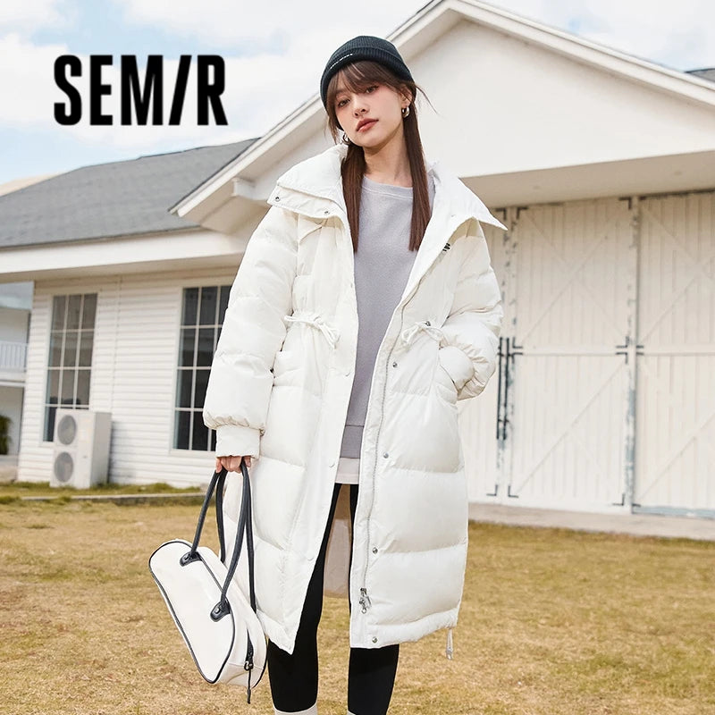 Semir Down Jacket Women Three-Proof Stand-Up Collar Loose Simple 2023 Winter New Drawstring Waist All-Match Thick Long Coat