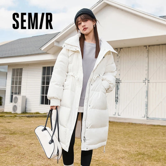 Semir Down Jacket Women Three-Proof Stand-Up Collar Loose Simple 2023 Winter New Drawstring Waist All-Match Thick Long Coat