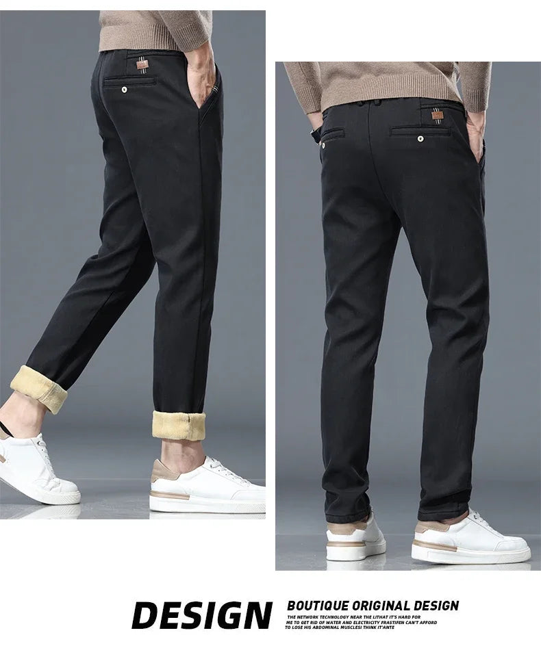 Lyocell Men's Winter Thickened Casual Pants Fleece Korean Fashion Comfortable Elastic Straight Baggy Velvet Trousers Male