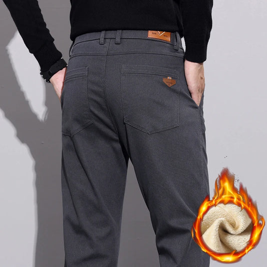 Winter New Men's Fleece Pants Slim Straight Warm Soft