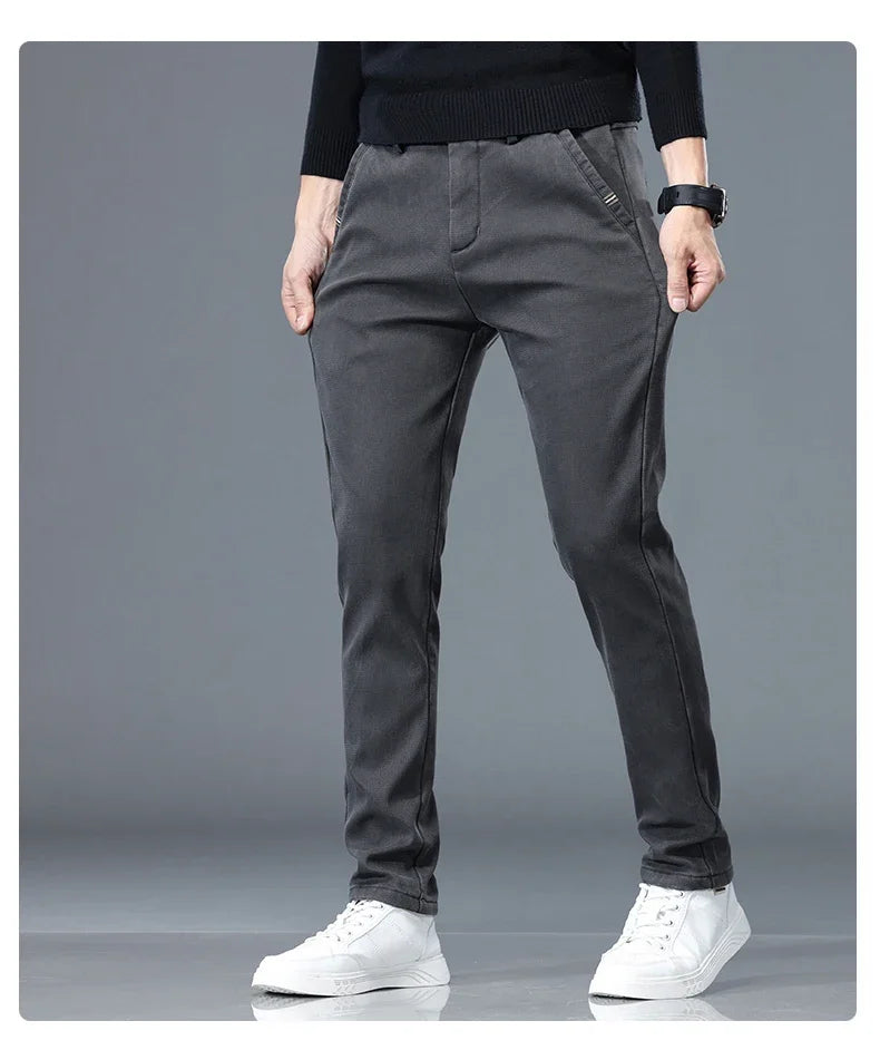 Lyocell Men's Winter Thickened Casual Pants Fleece Korean Fashion Comfortable Elastic Straight Baggy Velvet Trousers Male